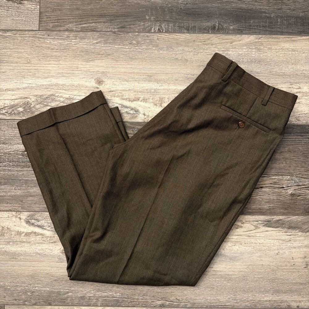 Lauren Ralph Lauren Mens 36x30 Brown Wool Houndstooth Pleated Dress Pants